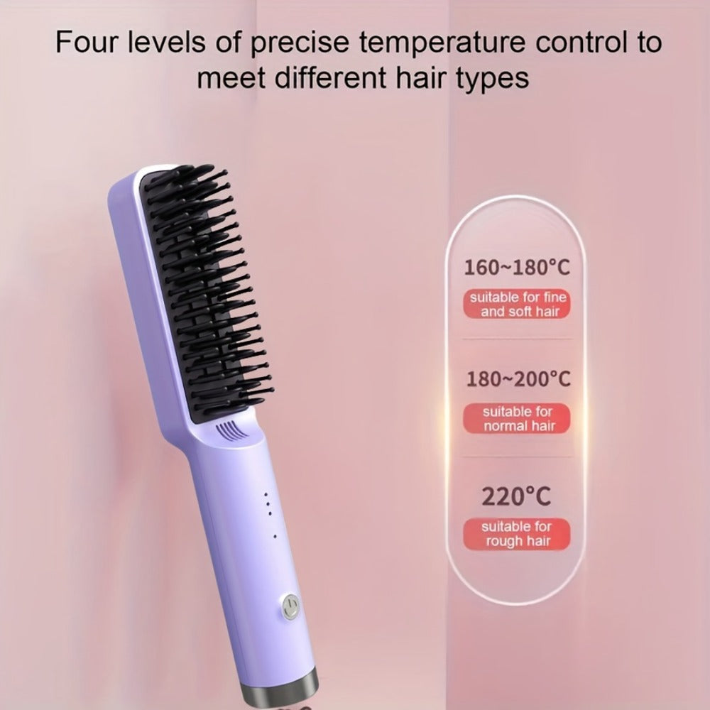 Mini Hair Straightener Comb Ceramic Heating Plate 3 Temperature Settings Fast Heating LED Display Travel Hair Straightening Brush for Women Home Salon Gift
