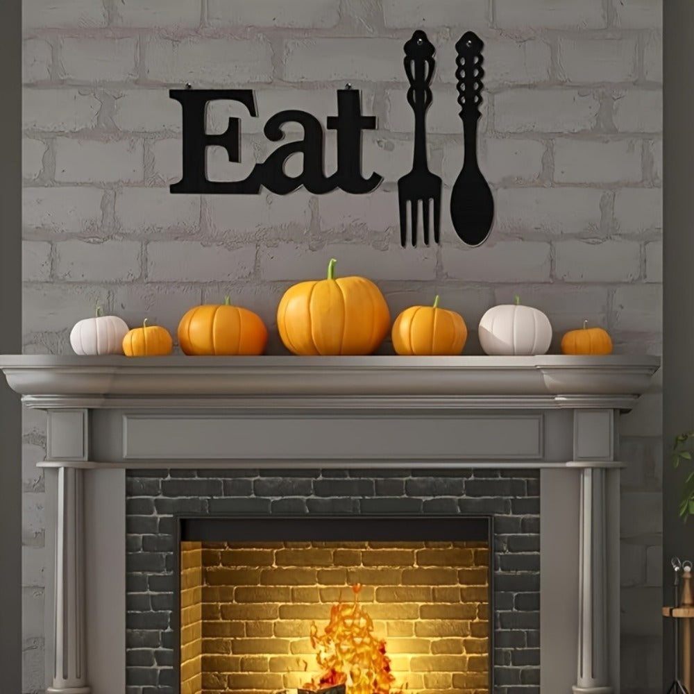 EAT Sign Wall Decor with Fork and Spoon | Rustic Wood Hanging Letters for Kitchen Dining Room | Country Farmhouse Wall Art Wooden EAT Decoration in Black