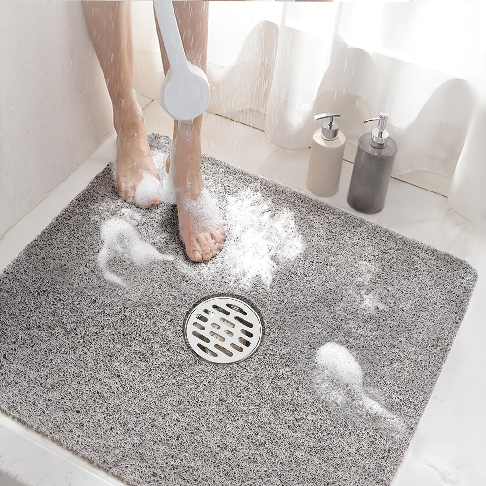Non-Slip Shower Mat PVC Loofah Bath Mat with Drain Holes ¨C Quick-Dry Square Bathtub Floor Mat, No Suction Cups Needed, Soft Cushioned, 24x24 Inch, Grey/White/Beige