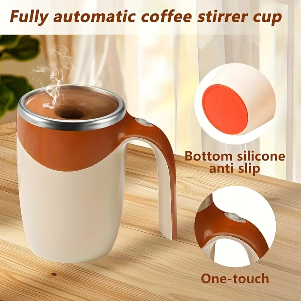 Self Stirring Coffee Mug with Magnetic Stirring Technology ¨C 13.3oz Stainless Steel Travel Mug, No Battery Needed, Spill-Proof Lid & Ergonomic Handle, Reusable Coffee Cup Gift Set ¨C White & Beige