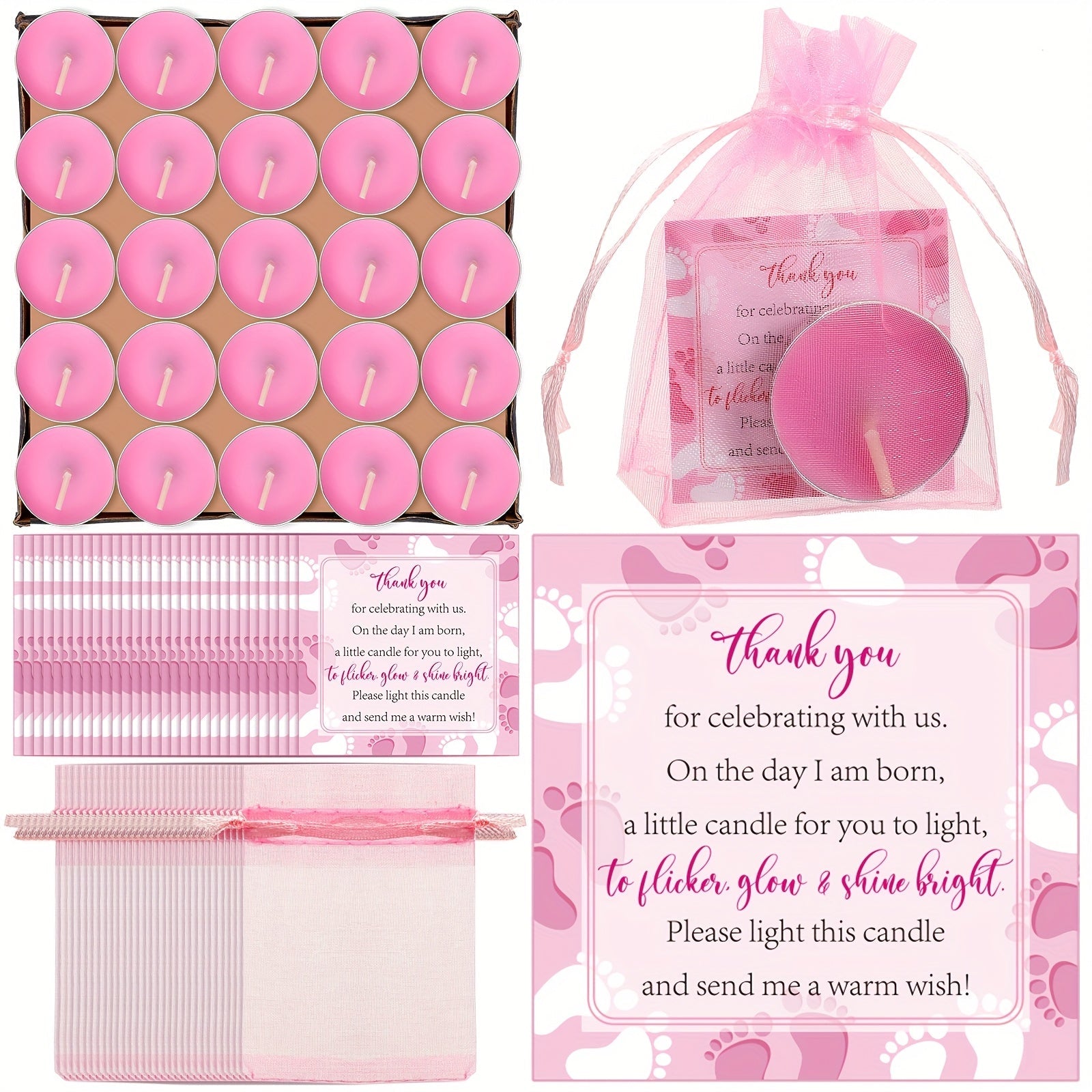 Tealight Candles Party Favor Sets 50 Pack with Gift Bags and Cards - Unscented Paraffin Wax Tea Lights Bulk Set for Weddings Birthdays Baby Showers Pink