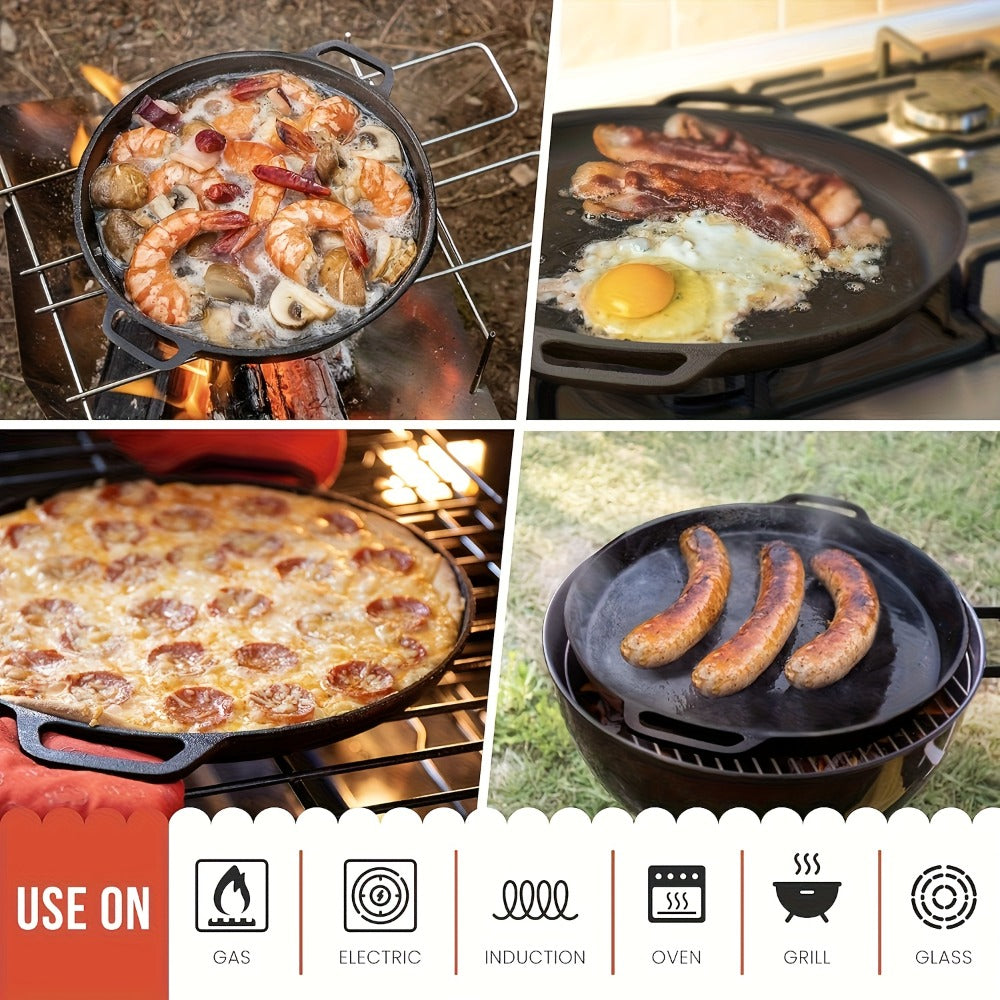 Cast Iron Skillet Non-Stick Pan for Pizza BBQ Pancakes - Heavy Duty Pre-Seasoned Cast Iron Pan Compatible with Gas Electric Induction Stovetops Oven Campfire - Home Kitchen Outdoor Cooking