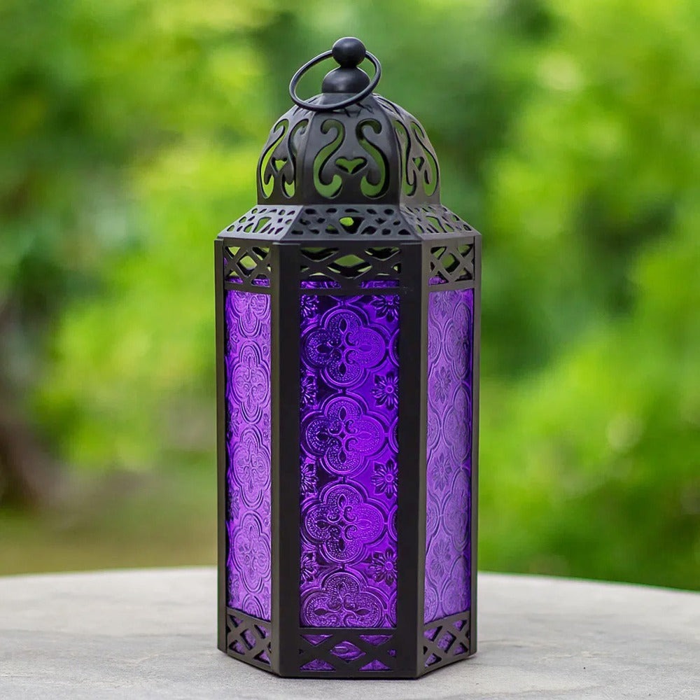 Moroccan Candle Lantern Holder - Decorative Metal & Glass Lantern with Embossed Floral Design for Indoor Home Decor, Garden, Patio, Weddings, Ramadan, Halloween & Holiday Celebrations - 10.5¡± Tall Medium Size