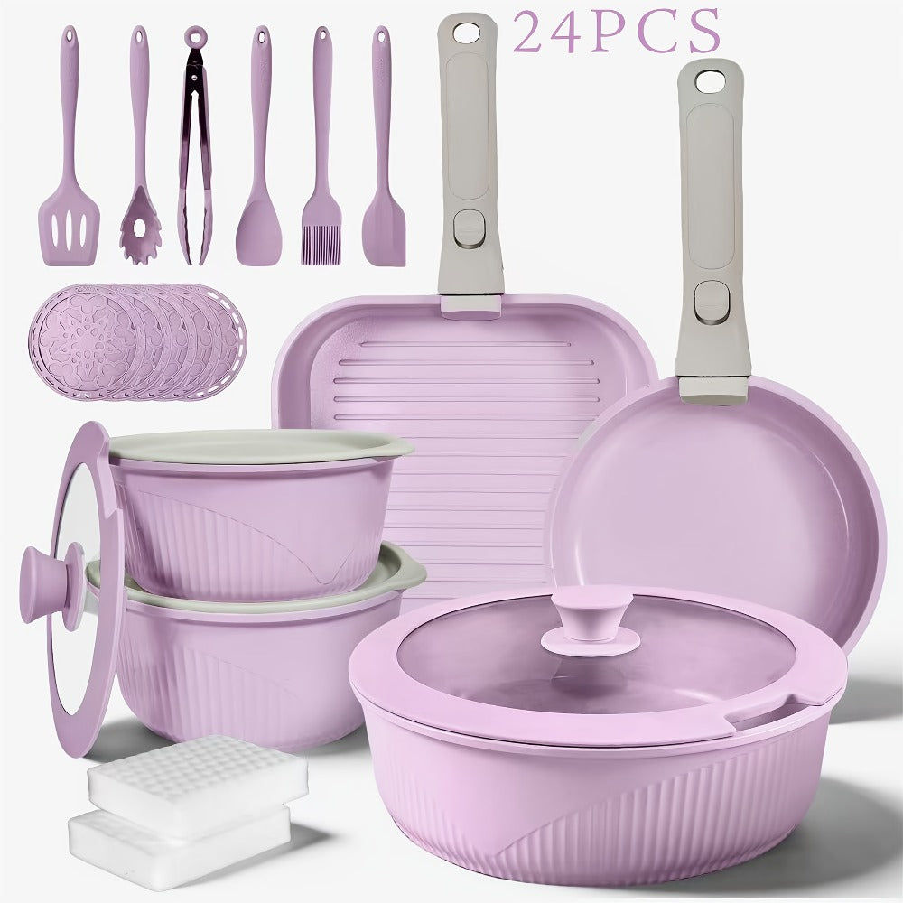 Nonstick Cookware Set 5/7/24 Piece Induction Ready with Detachable Handles ¨C Stackable Pots & Pans Set Includes Skillet Frying Pan Soup Pot Steak Pan for Home RV Kitchen, Multiple Colors