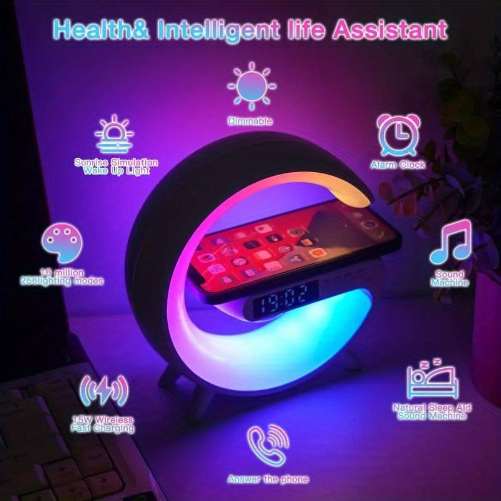 Wireless Speaker Sunrise Alarm Clock RGB Rhythm Night Light with Fast Wireless Charging | Portable Bluetooth Speaker Wake-Up Lamp for Bedroom Bedside Gift for All Phones