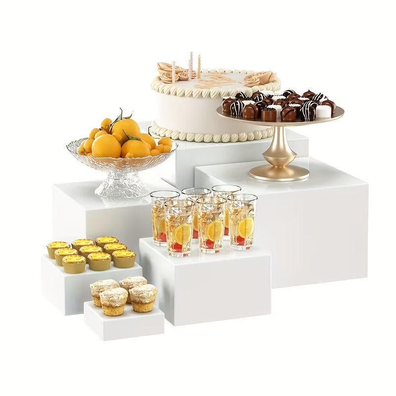 Display Stands 6pcs Five-Sided Square Buffet Risers - White Transparent Dessert Cake Display Storage Rack for Party Wedding Catering Retail Boutique Gallery Home Decor
