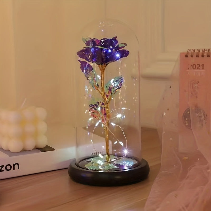 LED Rose Flower in Glass Dome, Eternal Foil Rose with LED Light, Romantic Valentine's Day Gift for Girlfriend, Mother's Day Wedding Bridesmaid Desktop Decoration, Battery Powered