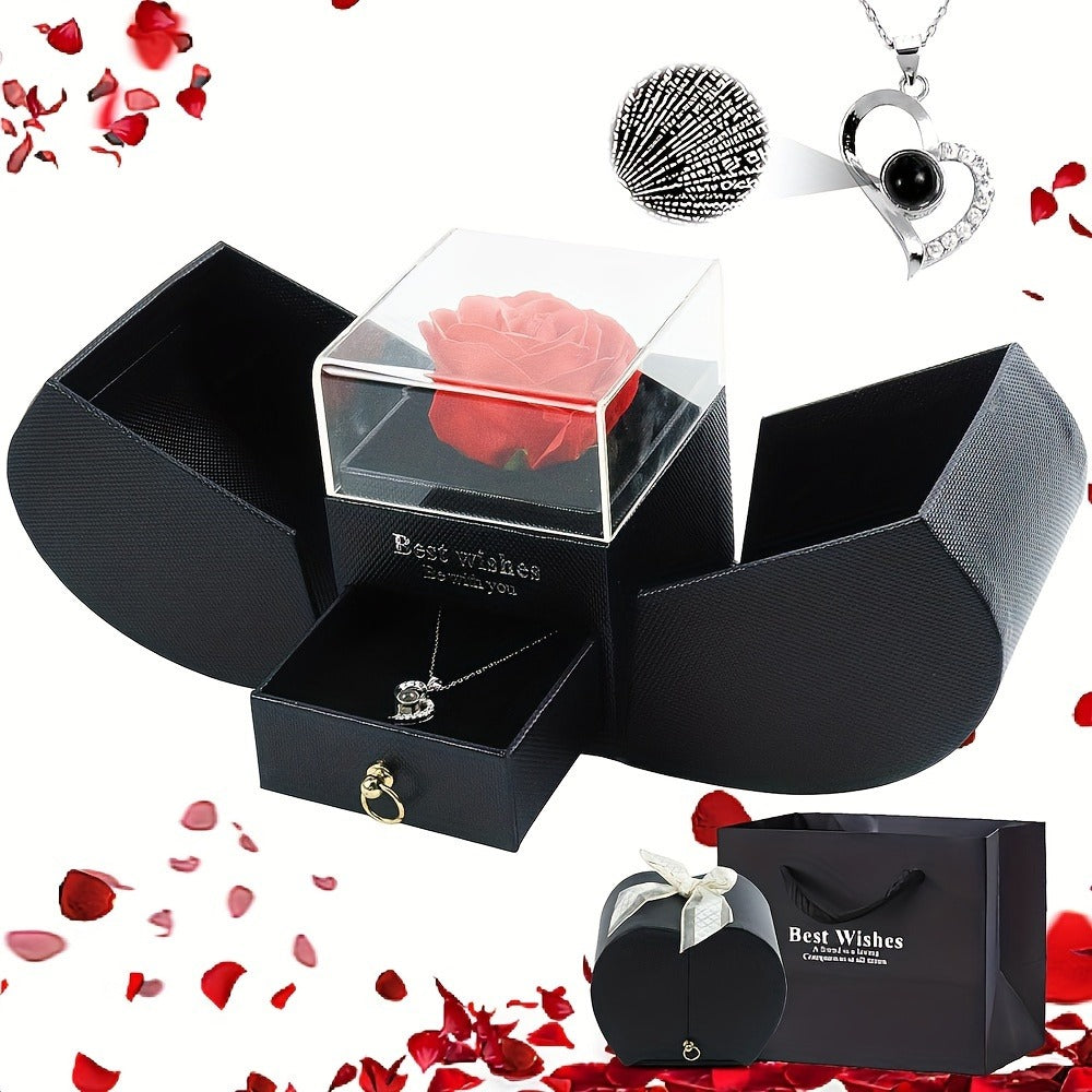 Preserved Real Rose Gift Box with I Love You in 100 Languages Necklace ¨C Romantic Gifts for Girlfriend Wife Mom ¨C Valentine's Day Birthday Mother's Day Christmas Gift Idea for Women