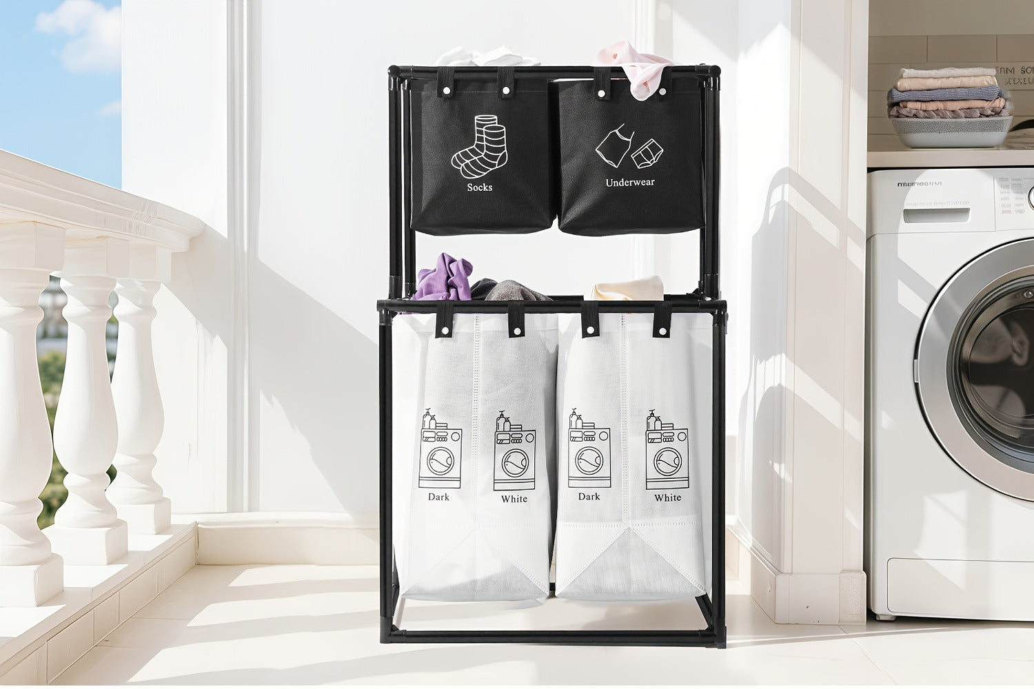 Laundry Sorter 2-Tier with Removable Bins - Collapsible Clothes Hamper Oxford Fabric Double Laundry Basket for Bedroom Bathroom Kids Adults Dorm Travel with 10 Cable Ties