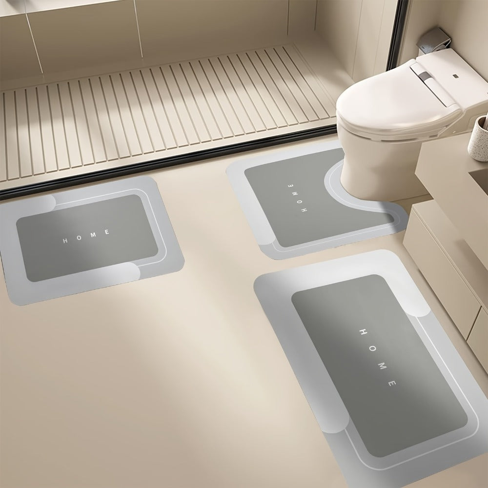 Diatomaceous Earth Bath Mat Set 3pcs Non-Slip Super Absorbent Bathroom Rug - Quick Dry Machine Washable Toilet Mat for Shower Room, Hotel & Home | Safe Non-Slip Backing | Blue, Coffee & Gray