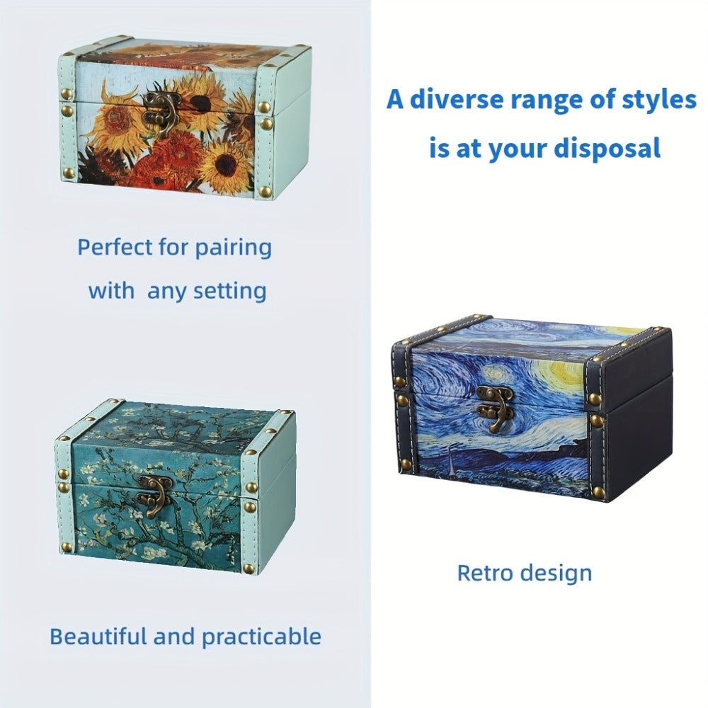Wooden Storage Box with Lid Vintage Floral Design, Dust-Proof Decorative Trinket Box for Tabletop Jewelry Keepsake Organization, Scandinavian Style Small Wooden Box Gift