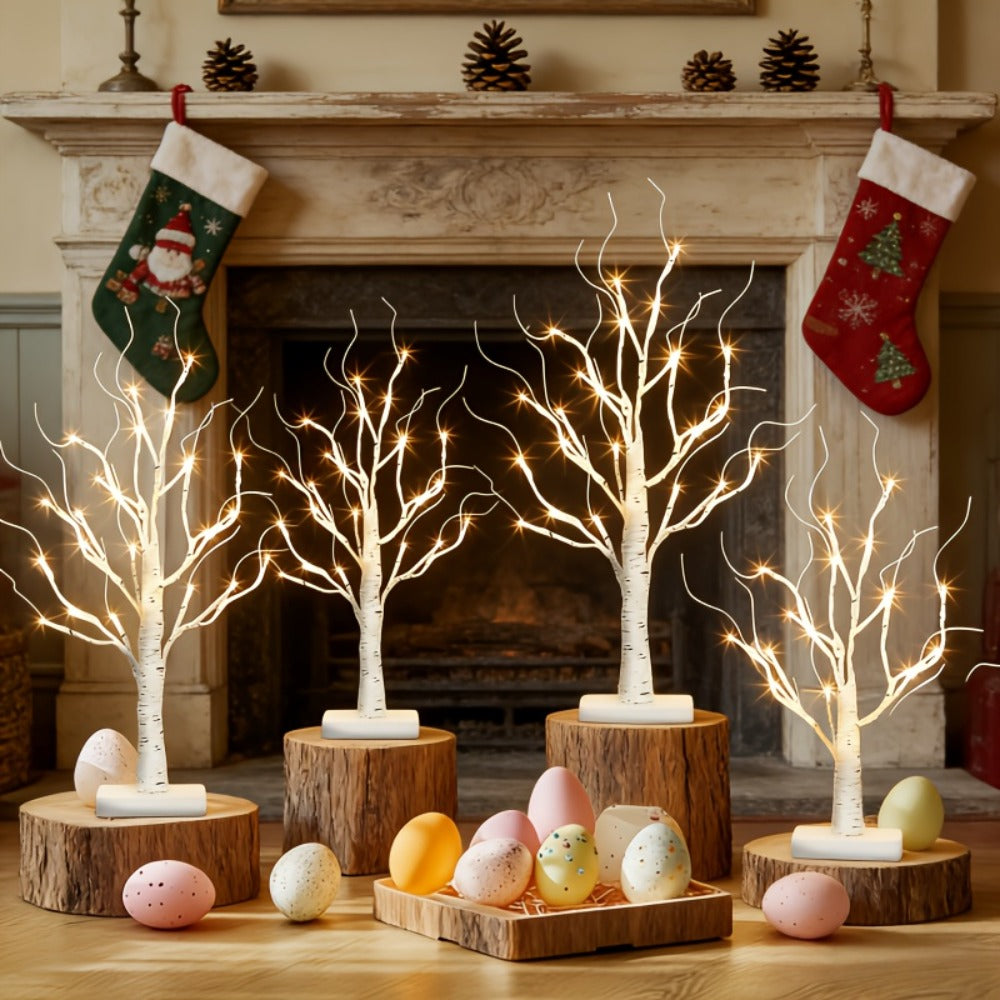 LED Illuminated Birch Tree Decoration ¨C Battery-Powered Warm White Glowing Birch Trees for Wedding, Home, Fireplace & Indoor Gatherings ¨C Freestanding Decorative Light Display, 4 or 6 Pack