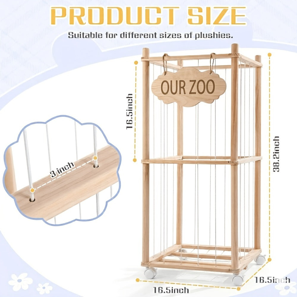 Stuffed Animal Storage Tower Wooden Zoo Cage Design Large Plush Toy Organizer Holder for Kids Playroom Bedroom No-Tool Assembly Boys Girls Gift
