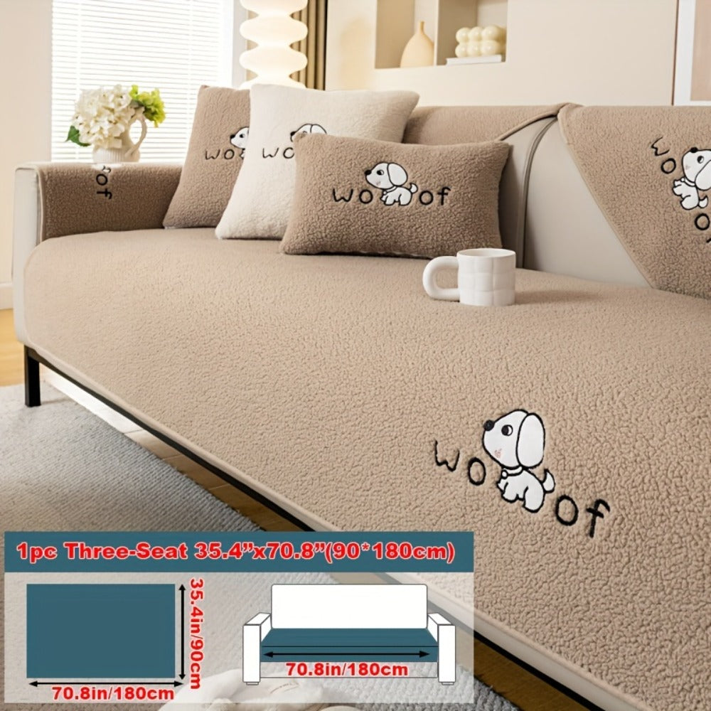 Sherpa Plush Sofa Cover Non-Slip | Thick Fleece Couch Protector, Pet Friendly Furniture Shield, 1 to 4 Seat, Armrest Backrest Pillowcase, Deep Gray Light Gray Coffee Off White