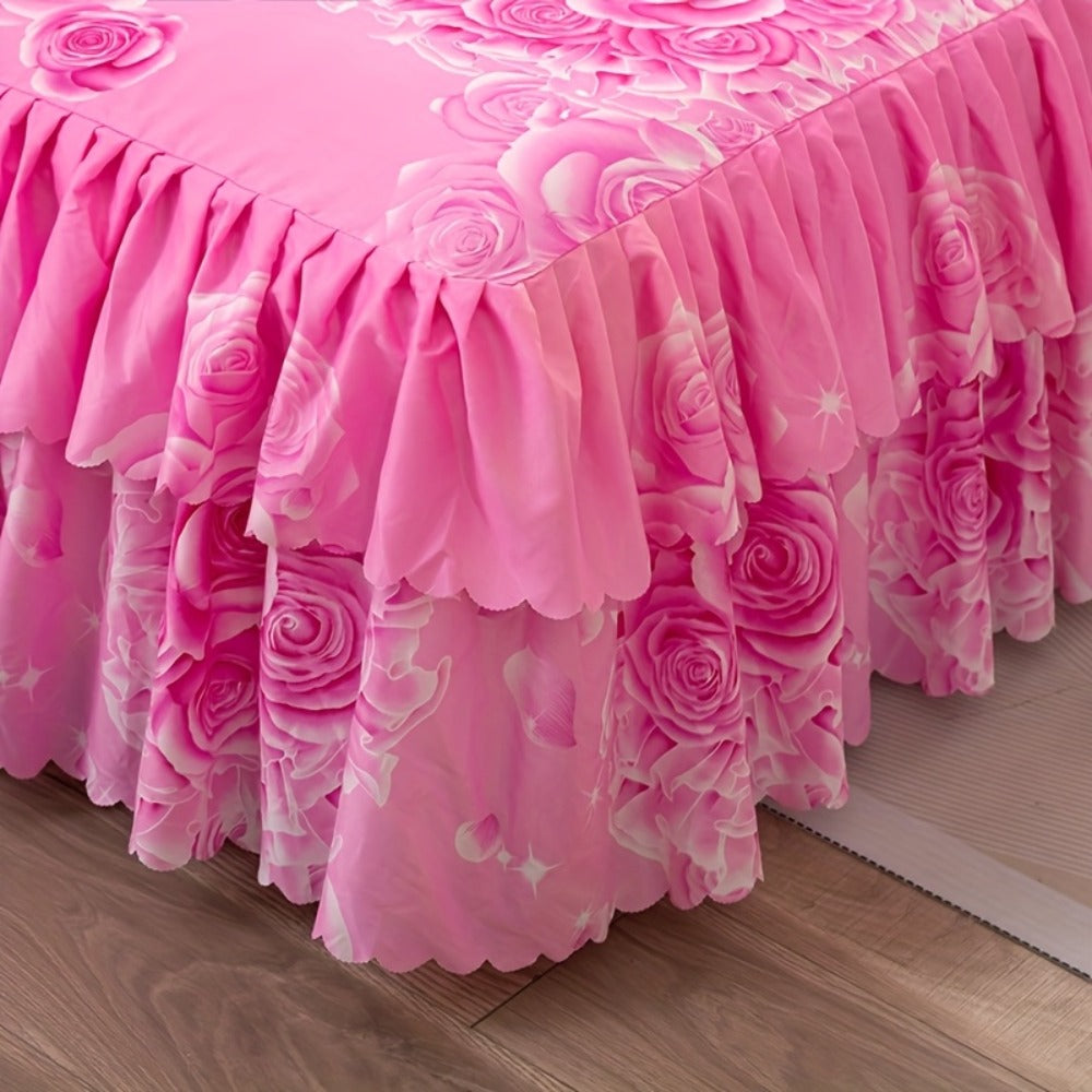 Floral Bed Skirt Set 3-Piece ¨C 1 Ruffled Dust Ruffle Bed Skirt + 2 Pillowcases | Peony & Botanical Print | Double-Layer Hem | Machine Washable Polyester Bedding | 150, 180 & 200cm