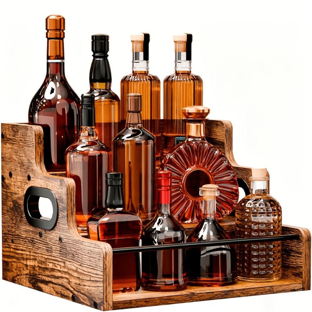 Wood Wine Rack 3 Tier Countertop Liquor Bottle Display Shelf | Solid Wood Bar Organizer for Whiskey Spirits Coffee Syrup Spices | Retro Mini Bar Cabinet Stand for Home Kitchen