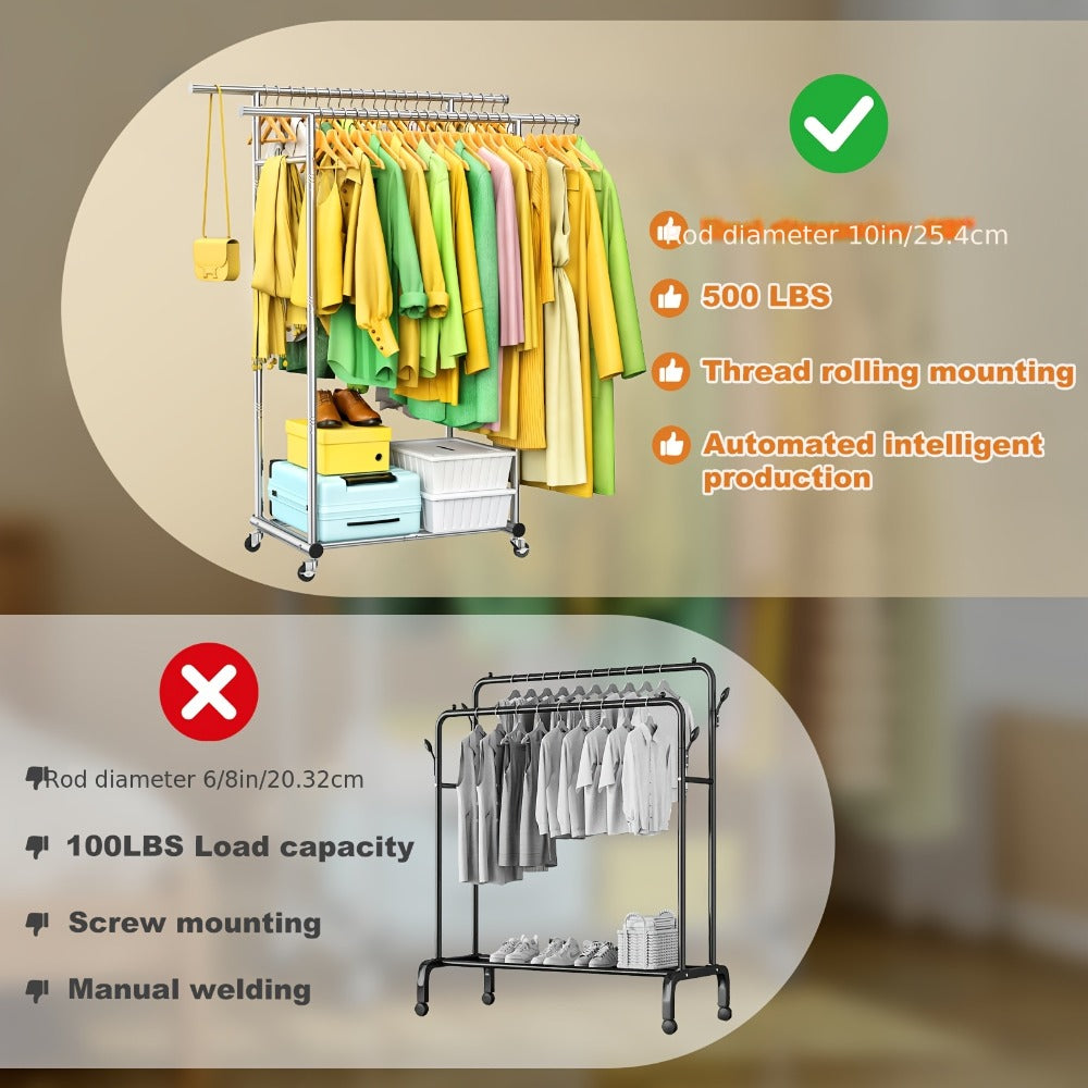 Portable Clothes Rack with Wheels ¨C Heavy Duty Double Rod Garment Rack with Shelves & Hooks | Metal Rolling Clothing Rack for Hanging Clothes | Multi-Functional Closet Rack for Bedroom & Laundry Room