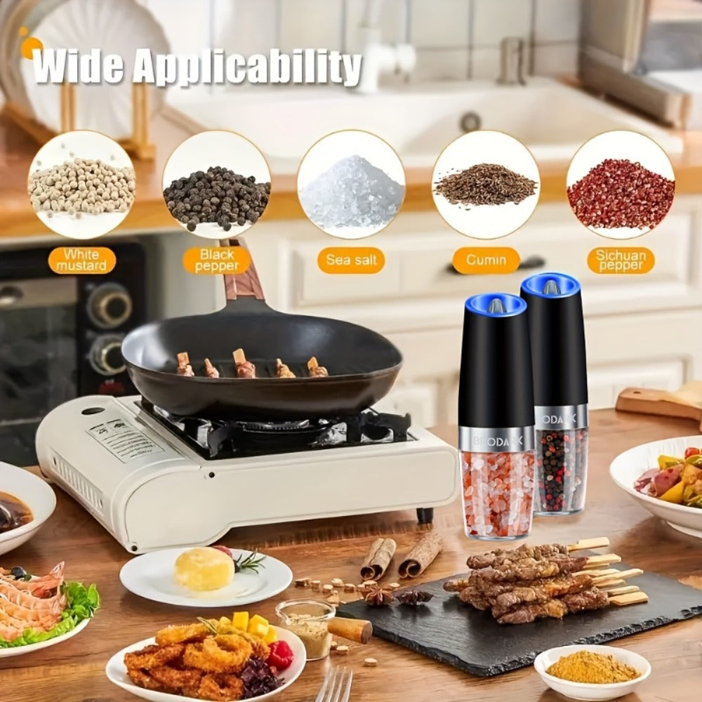Electric Salt and Pepper Grinder Set Battery Powered Gravity Sensor | One-Hand Automatic Operation LED Light | Adjustable Coarseness Mill Shaker | Kitchen Gadget Gift Idea in Black & Silver