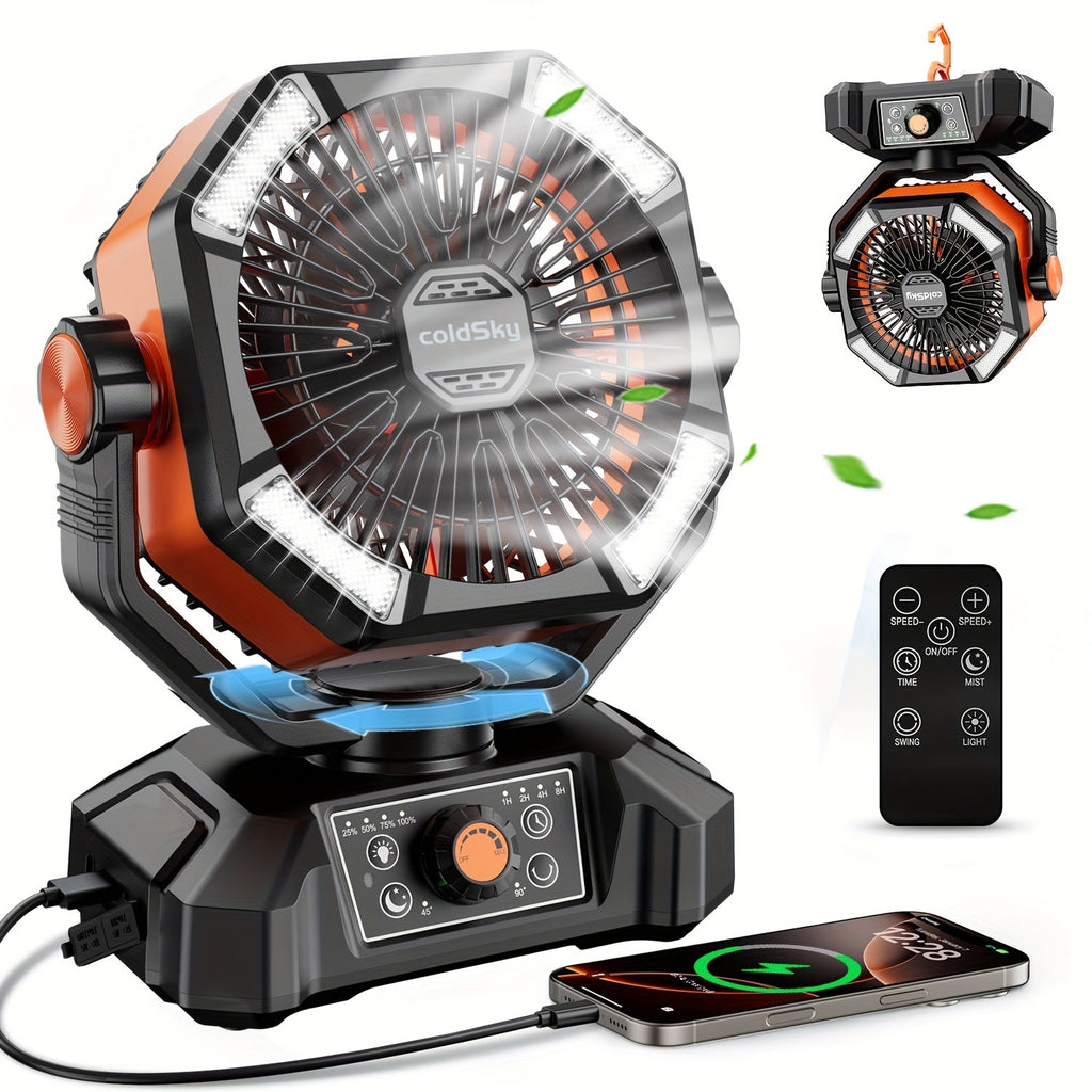 Battery Powered Camping Fan 20000mAh - 8-Speed Dual Motor Desk Fan with 4 LED Lanterns, Hook & Remote Control | Portable Outdoor Fan for Tent, Power Outage & Construction Site | Green, Black & Orange