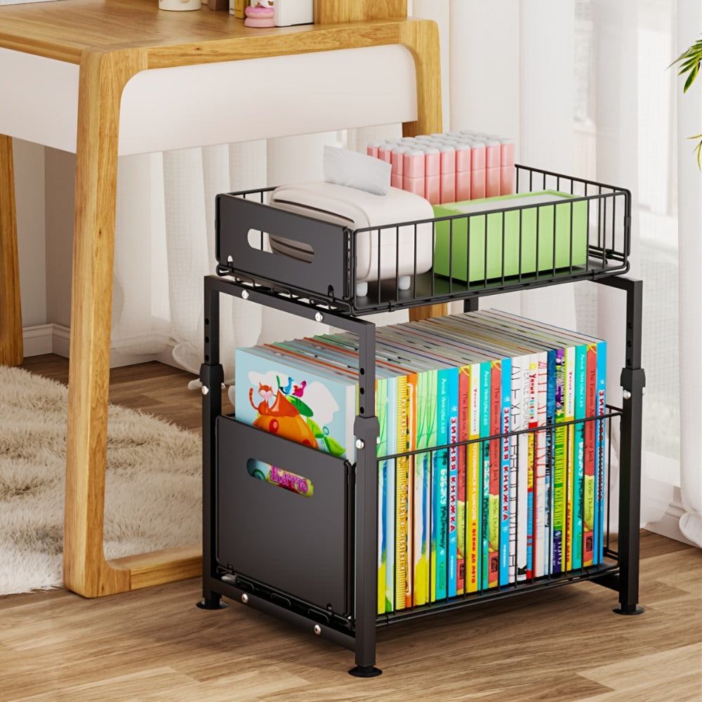 Under Sink Organizer 2-Tier Pull Out - Adjustable Height Carbon Steel Cabinet Storage Shelf for Kitchen and Bathroom, Space Saving Sliding Drawer Rack for Cleaning Supplies Pots and Toiletries, Heavy Duty Under Cabinet Organizer Available in 1 or 2 Pack