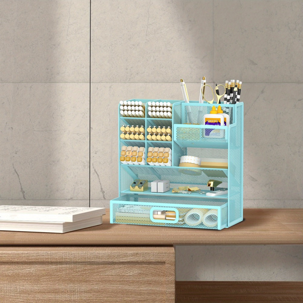 Mesh Desk Organizer with Drawer ¨C Multifunctional Desktop Pen Holder & Office Supply Organizer for Home Office, School & Art Studio ¨C Pencil Cup Caddy with Storage Compartments, Multiple Colors Available