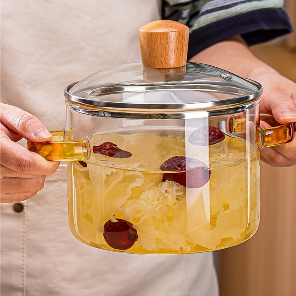 Glass Cooking Pot 54oz 1600ml Borosilicate Heat-Resistant with Lid ¨C Transparent Dumpling & Ramen Pot for Stove & Oven | Odorless Easy-Clean Soup Milk Pot with Green or Yellow Stainless Steel Handle