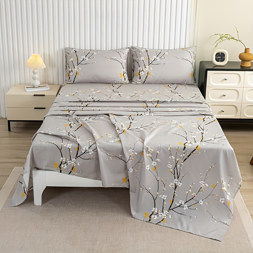 Fitted Sheet Set 4-Piece Plum Blossom Floral Print | Deep Pocket 15¡± Bed Sheets Twin Full Queen King | Soft Polyester Bedding Set with 2 Pillowcases, All-Season Machine Washable