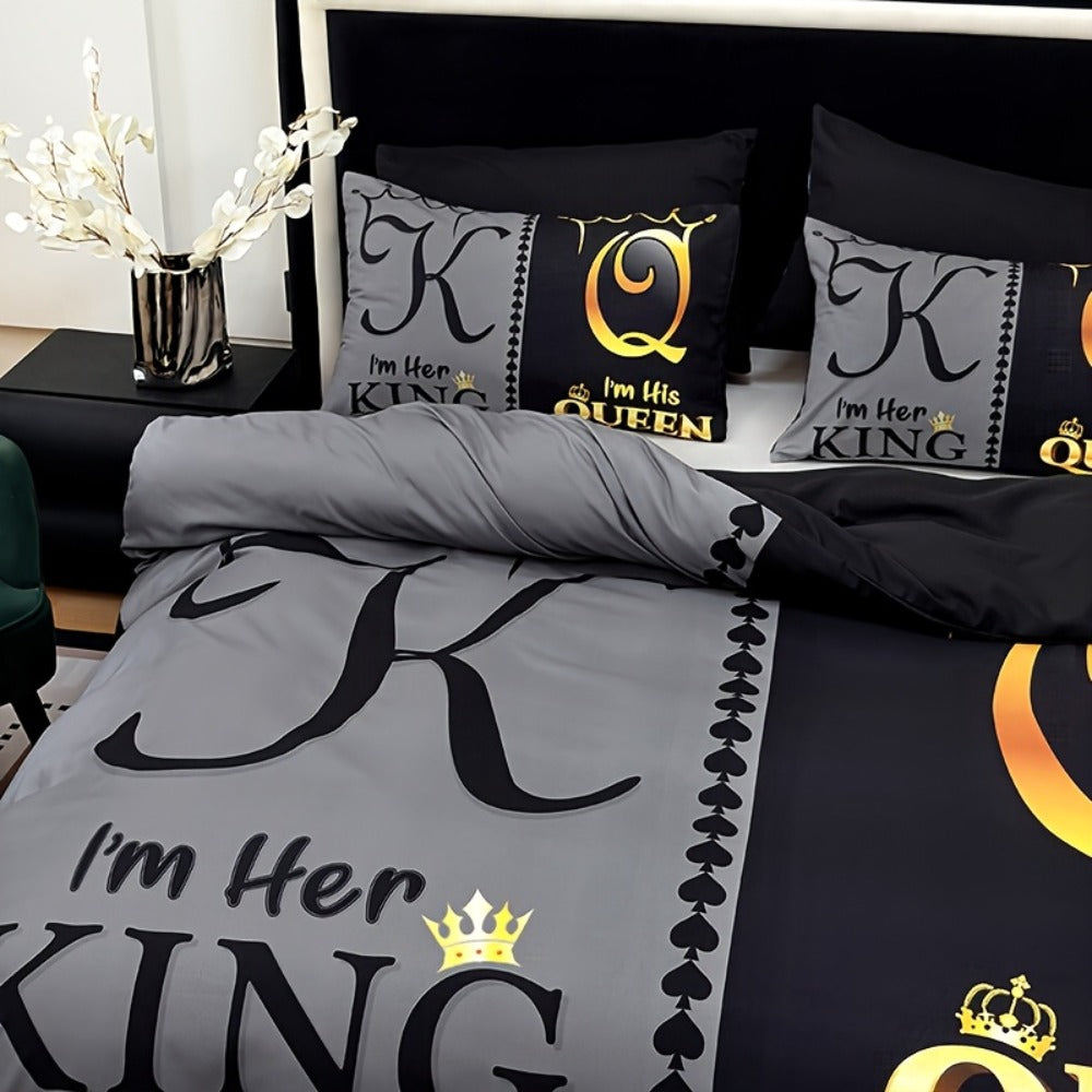 Duvet Cover Set 3pcs Soft Crown Print Bedding with 2 Pillowcases Twin Full Queen King All Seasons