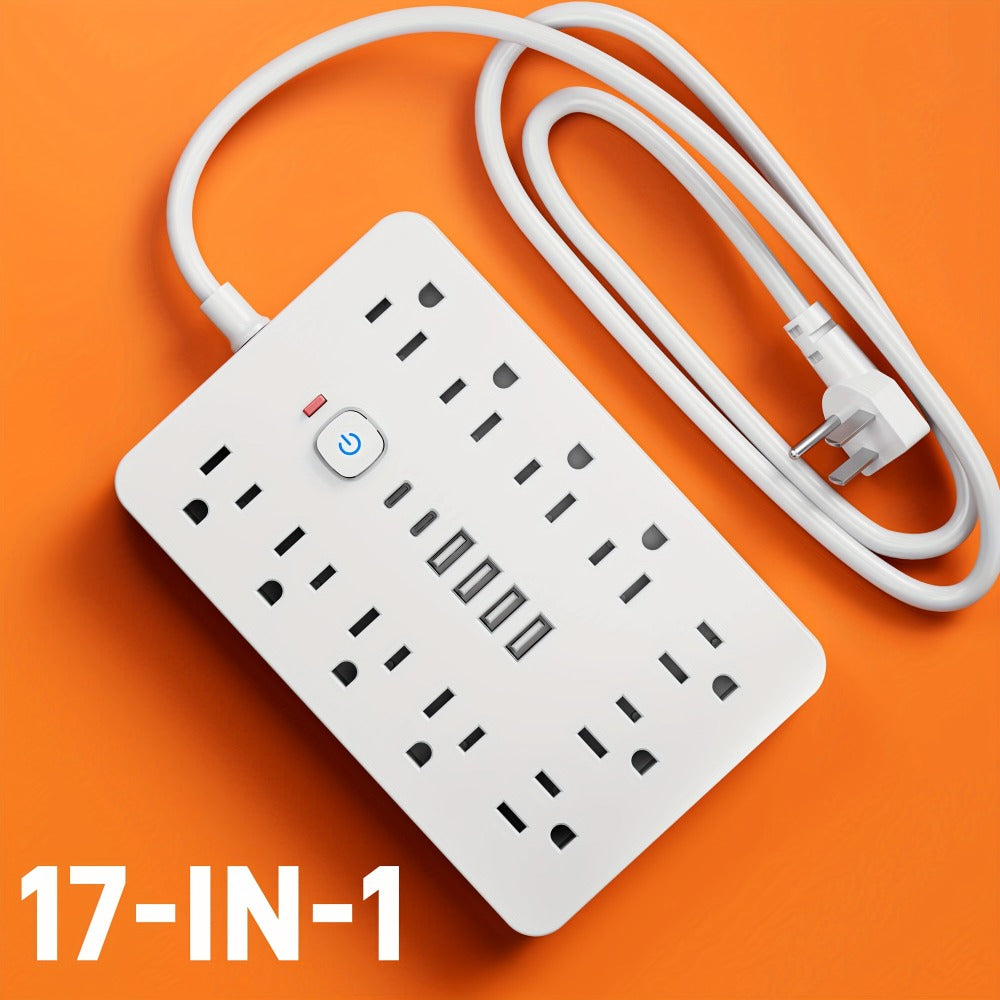 Surge Protector Power Strip 17-in-1 with 11 AC Outlets 4 USB-A 2 USB-C Ports Flat Plug Extension Cord Space-Saving Compact Design for Home Office Kitchen Desk Wall Charging Station