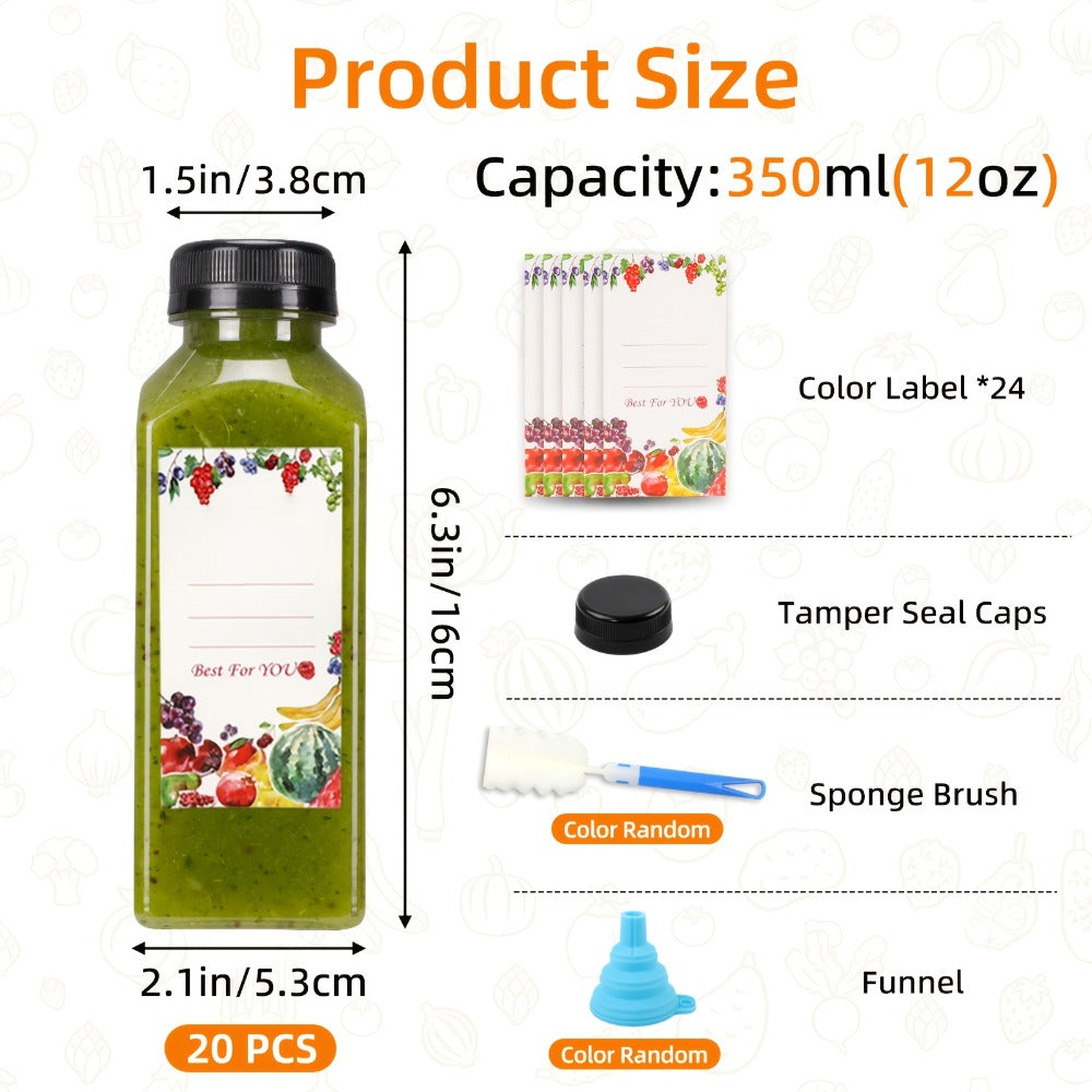 Plastic Juice Bottles with Lids - Clear Reusable Drink Containers for Juice Smoothies Water and Beverages, Available in 12oz and 16oz in Sets of 20, 36, 56 or 100, Includes Funnel and Cleaning Brush