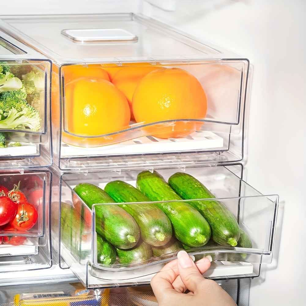 Stackable Fridge Organizer Bins with Drawer, BPA-Free Refrigerator Storage Containers with Drain Board & Ventilation, Clear Food Storage Bins for Kitchen Pantry Freezer, Set of 2