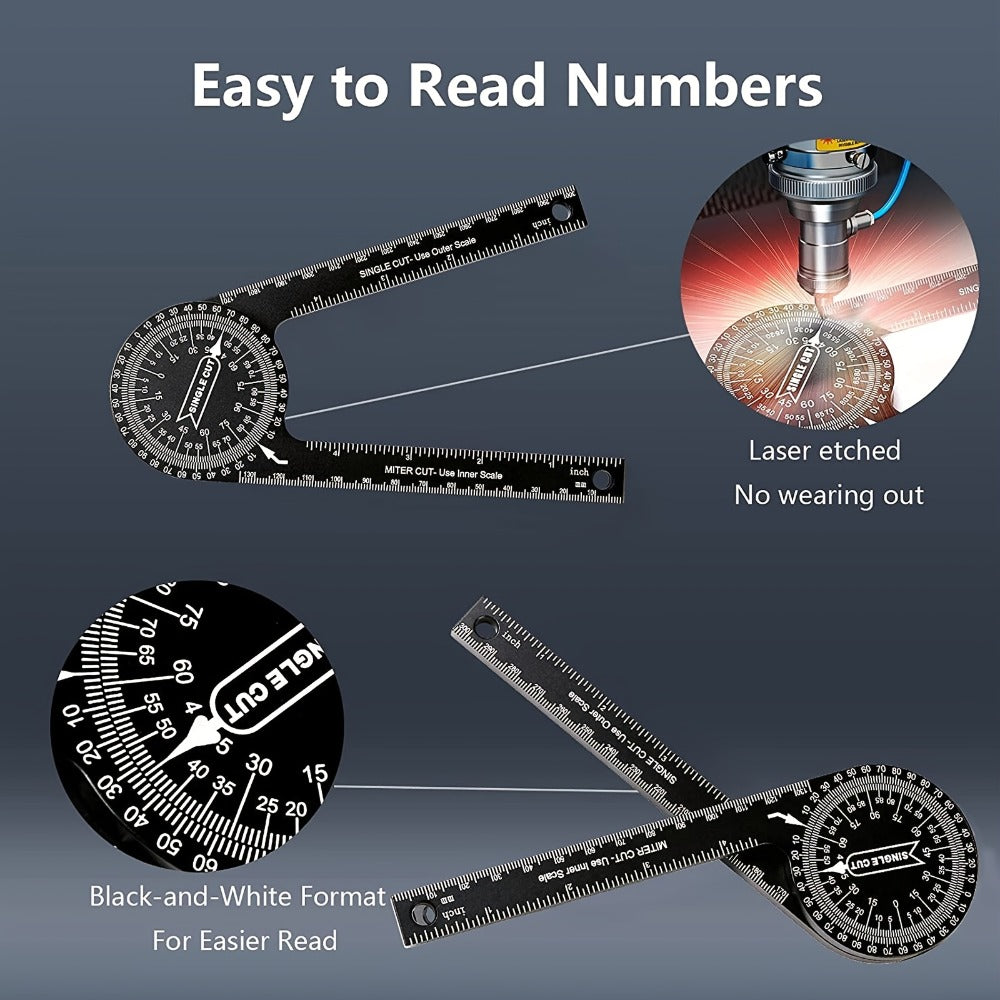 Miter Saw Protractor 7 Inch Aluminum 2-in-1 Professional Angle Finder CNC Machined Precision Laser Engraved Inside Outside Miter Angle for Carpenter Plumber Building Trades Woodworking Black