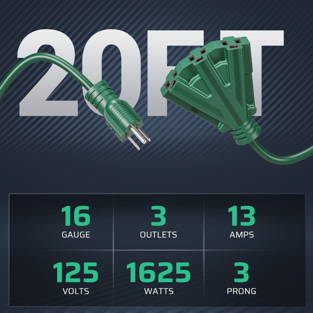 Green Extension Cord 3-Outlet Splitter 12FT 16/3 SJTW Flexible Copper Wire Triple Tap for Christmas Lights Holiday Decoration Landscape Lighting Outdoor Indoor Garage Workshop