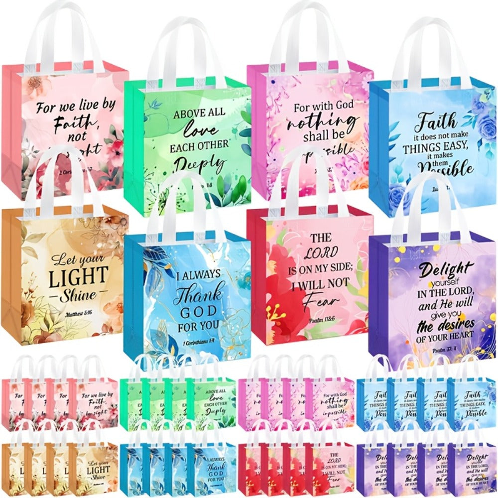 Religious Gift Bags with Handles Bulk 32 or 64 Pcs Bible Verse Flower Designs Reusable Non-Woven Tote Bags for Church Wedding Birthday Party Women Girls