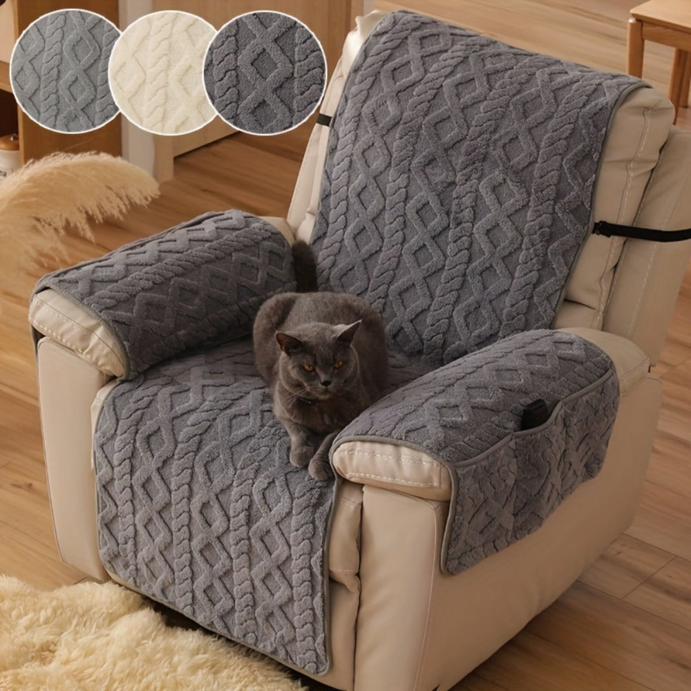 Recliner Cover Shu Velveteen Non-Slip Soft Plush Single Chair Sofa Cover - Pet Scratch Resistant Armchair Protective Slipcover | Deep Gray Light Grey Off White | Bedroom Office Living Room Home Decor