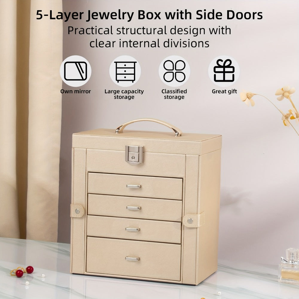 Large Jewelry Box 5-Tier PU Leather Organizer with Lock & Mirror ¨C Storage Case for Bracelets, Earrings, Rings & Necklaces