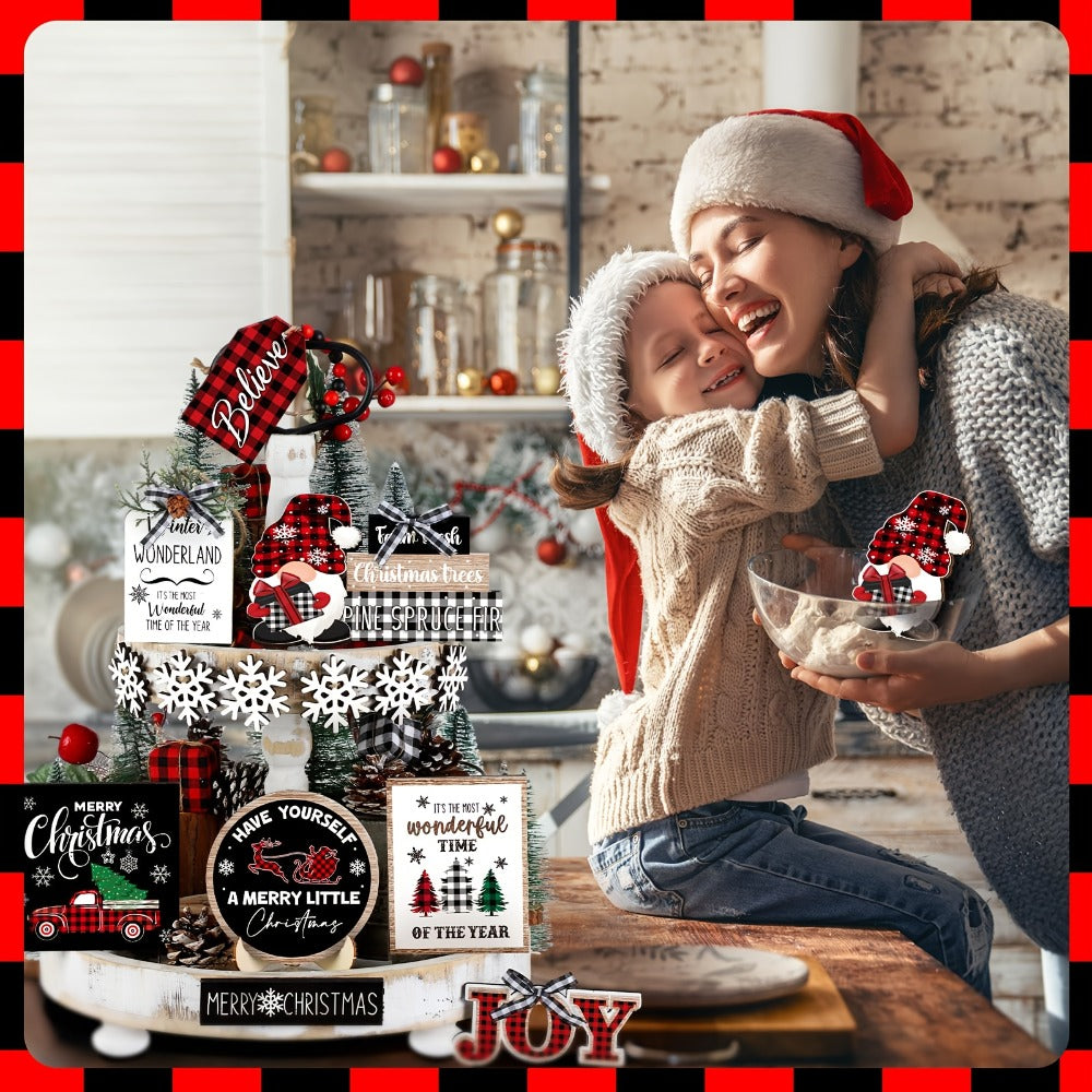 Tiered Tray Decor Set 15/20pcs Winter Christmas Farmhouse Wooden Signs - Buffalo Check Snowflakes Trees Dwarfs Trucks Valentine Easter Holiday Table Display Decorations