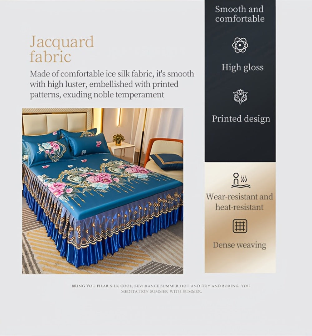 Floral Ruffle Bed Skirt Cool Mat 3 Piece Set with Pillowcase, Double Layer 360¡ã Full Wrap Washable Cooling Mattress Cover, Breathable Summer Bedding Set for Twin Full Queen King, Parisian Romantic Floral