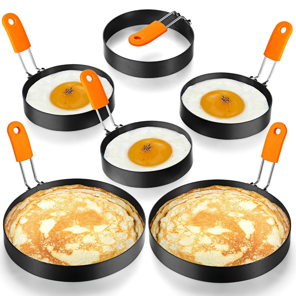Egg Ring Set 6pcs Nonstick Stainless Steel Pancake Mold 4 Inch and 6 Inch Silicone Handle Round Griddle Shaper for Eggs Omelettes Pancakes Sandwiches Breakfast Cooking