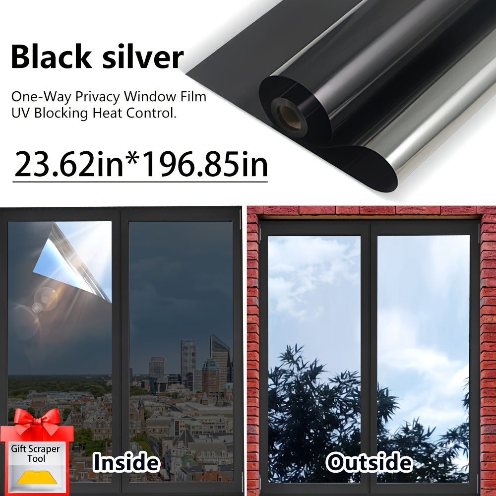 One Way Privacy Window Film Static Cling No Glue - Heat Control Anti-Glare Sun Blocking Reflective Mirror Tint for Home Office Hotel, Nano Ceramic 5Mil PVC, Easy Install Removable Window Privacy Film