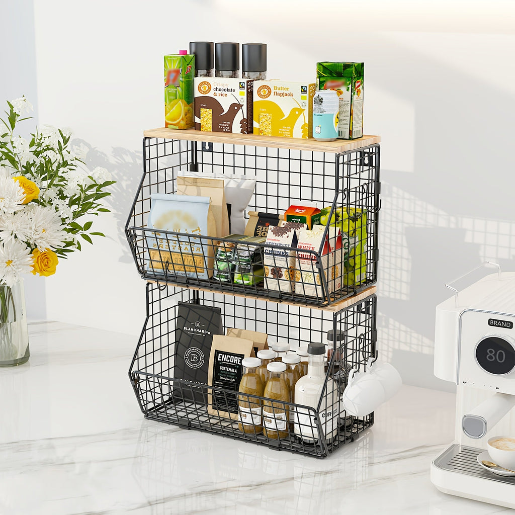 Stackable Metal Wire Fruit Basket with Lid ¨C 1 or 2-Tier Hanging Kitchen Pantry Storage Bin, Wall-Mounted or Countertop Vegetable Organizer for Potato, Onion & Produce, Black