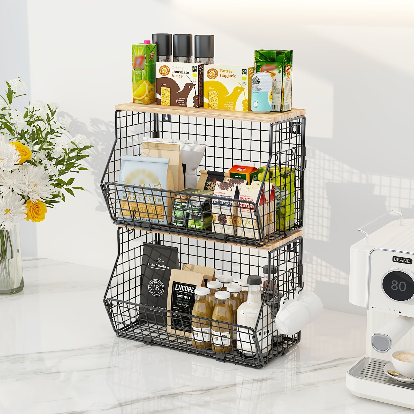 Stackable Metal Wire Fruit Basket with Lid ¨C 1 or 2-Tier Hanging Kitchen Pantry Storage Bin, Wall-Mounted or Countertop Vegetable Organizer for Potato, Onion & Produce, Black