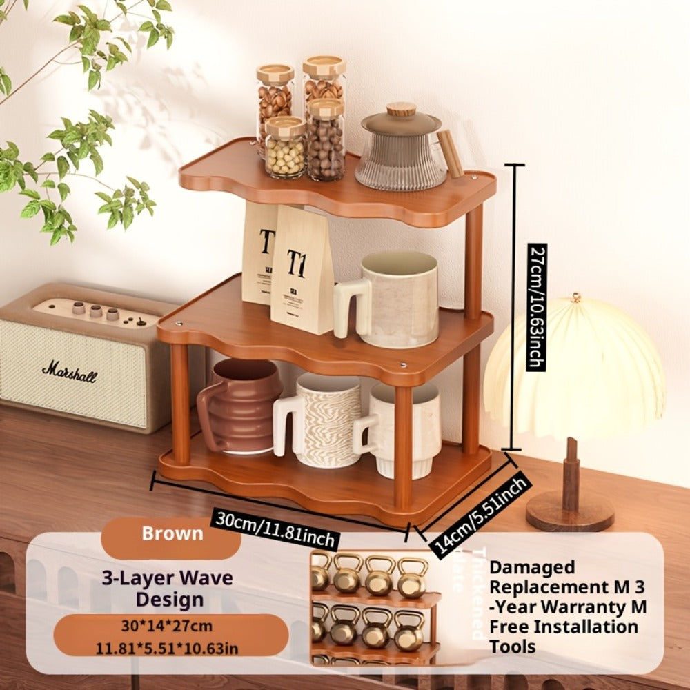 Ladder Cup Holder Rack 2-3 Tier Wave Style | Countertop Organizer for Coffee Mugs Teacups Water Glasses | Kitchen Counter Dining Table Entryway Dessert Display Shelf Brown