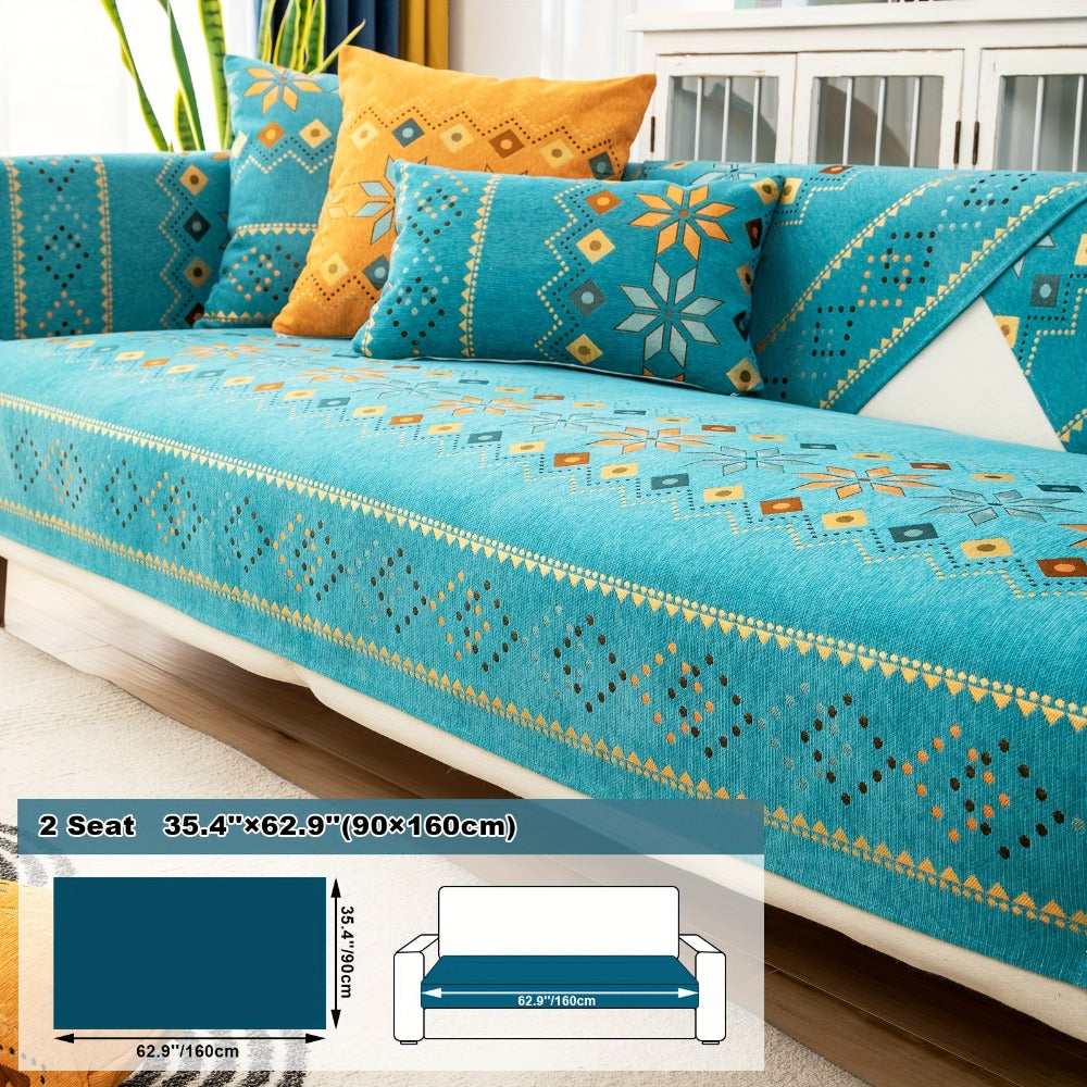 Bohemian Chenille Sofa Cover | Geometric Print Non-Slip Couch Slipcover, Thick Plush Boho Style, 1 to 4 Seat, Armrest & Backrest, Machine Washable, Sectional Sofa Protector