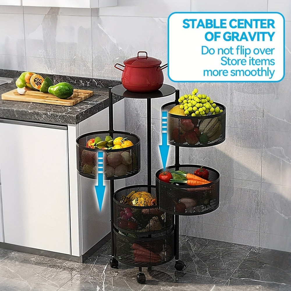 Rotating Storage Rack Multi-Tier Rolling Cart ¨C 360¡ã Swivel Round Floor Standing Organizer with 4 or 5 Layers, Vegetable Basket & File Rack for Kitchen, Bathroom, Office & Living Room (Black / White)