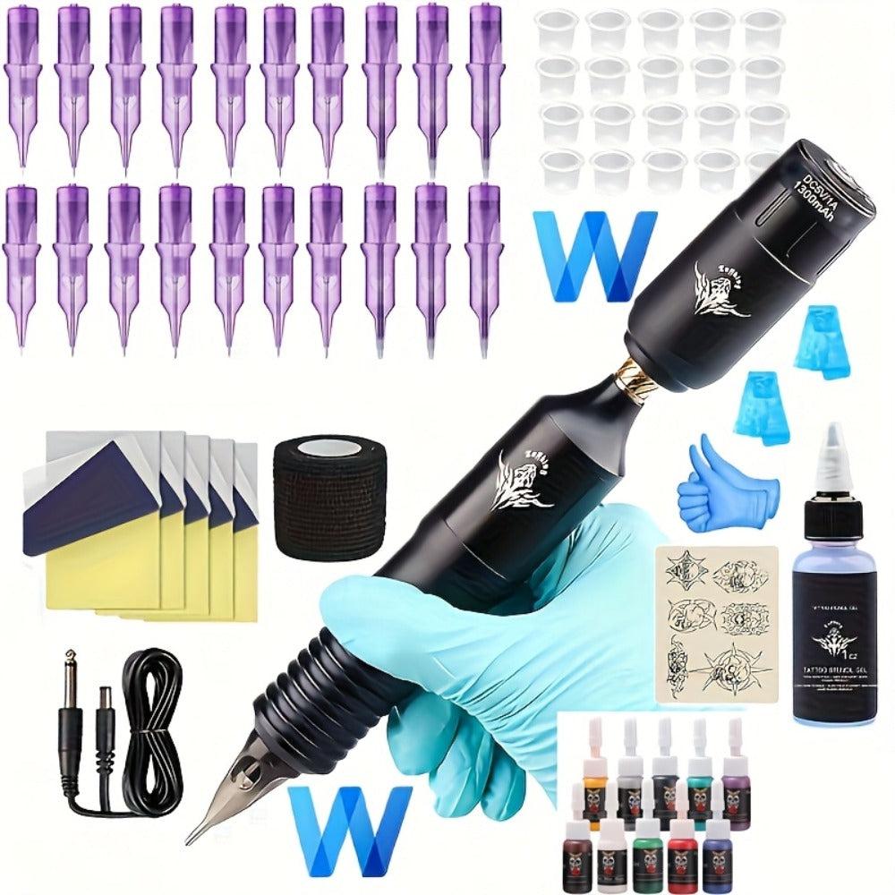 Rotary Tattoo Machine Kit 67pcs ¨C Complete Wireless Tattoo Pen Set with Cartridge Needles, Power Supply, Practice Skin, Inks & Transfer Paper for Beginners & Artists