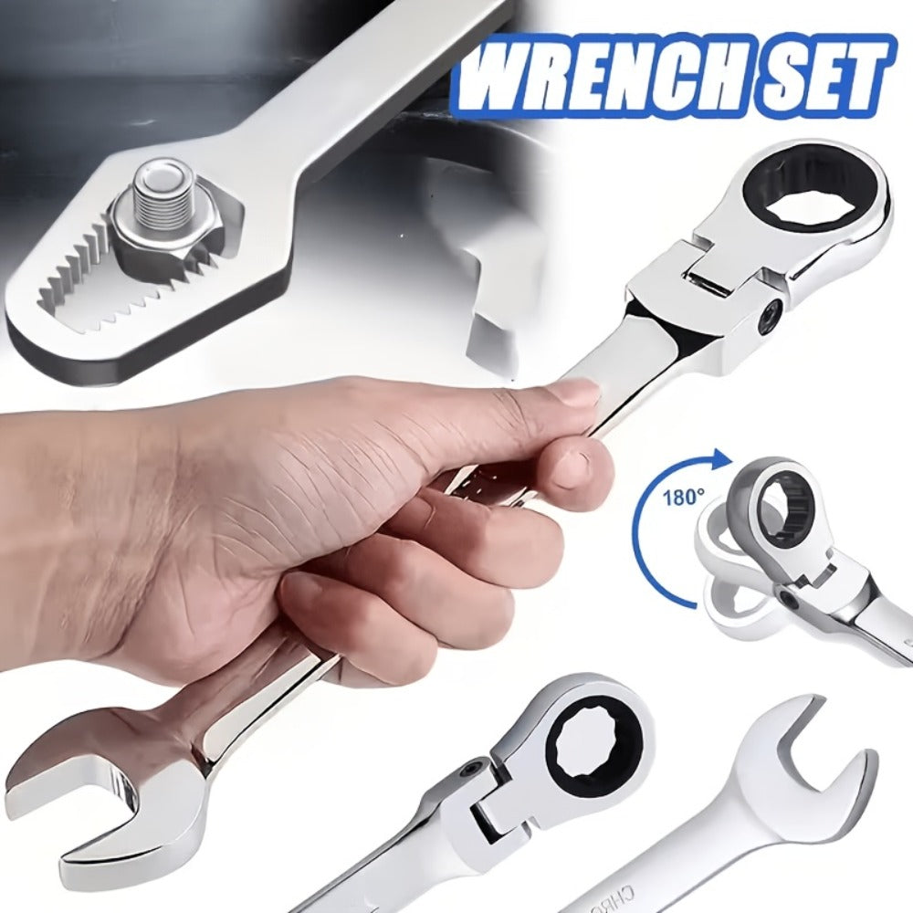 Wrench Set 10-Piece Multi-Function ¨C 8 Hex Wrenches, Flare Wrench & 10mm Ratchet Wrench, Chrome Vanadium Steel, 180¡ã Rotating Double-Ended 72-Tooth Precision Gear Design