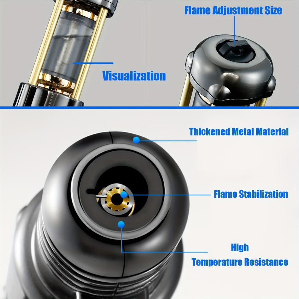 Butane Torch Lighter Windproof Jet Flame Zinc Alloy Refillable ¨C Visible Fuel Tank, Adjustable Blue Flame, Rocket Design for Camping, BBQ, Cigar & Outdoor Use, Grey & Golden (No Butane Included)