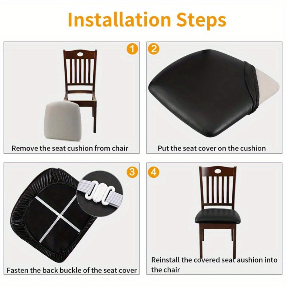 Waterproof PU Leather Dining Chair Cushion Covers Removable Stretch Seat Slipcovers for Dining Room Kitchen Hotel Set of 4 or 6