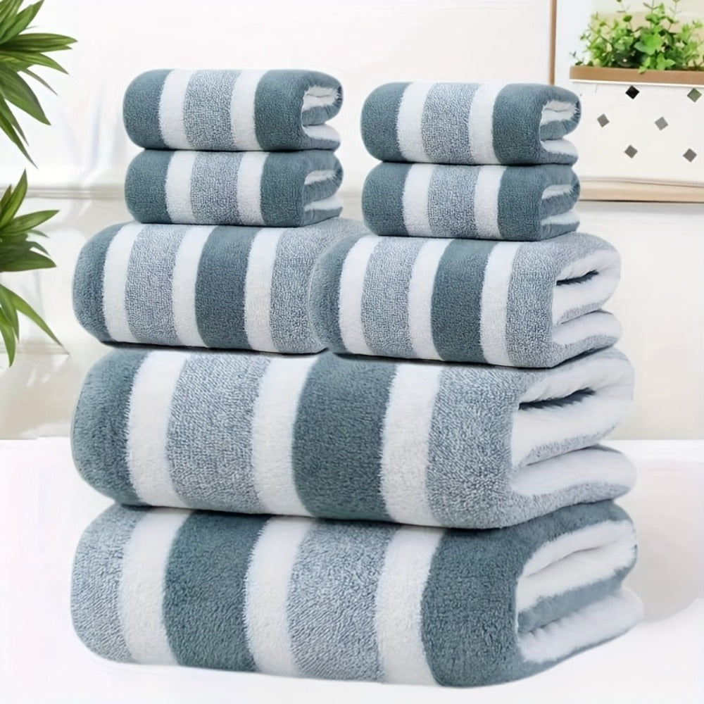Towel Set 8 Piece Two-Color Striped - Super Absorbent Soft No Hair Loss Bath Towel Combo | 2 Bath Towels 2 Face Towels 4 Hand Towels | Grey Red Blue Green | Bathroom Family Hotel Spa Gift Set